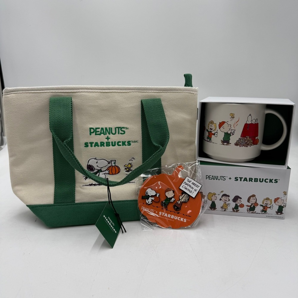 Peanuts Starbucks 2026 Snoopy Charlie Brown Gift Set Mug Tote Bag Pin New